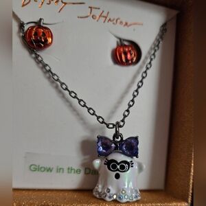 Betsey Johnson Girl Ghost Pendant Necklace & Orange Jack O Lantern Stud Earrings